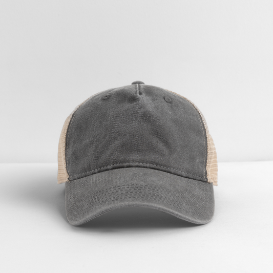 Customizable Pigment Dyed Trucker Hat ADD YOUR OWN PHOTO, IMAGES, DESIGNS, QUOTES AND MORE - washed black/beige