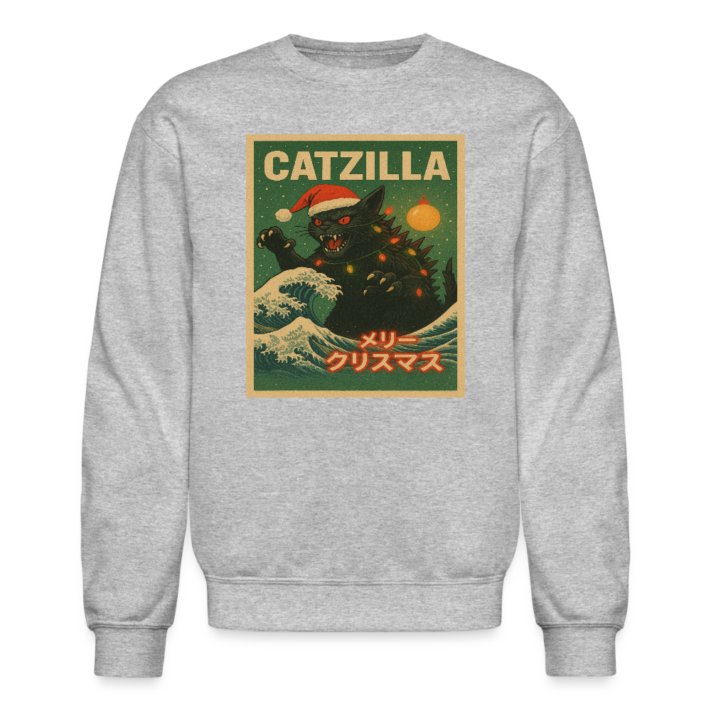Funny Catzilla Christmas Retro Design Crewneck Sweatshirt - heather gray