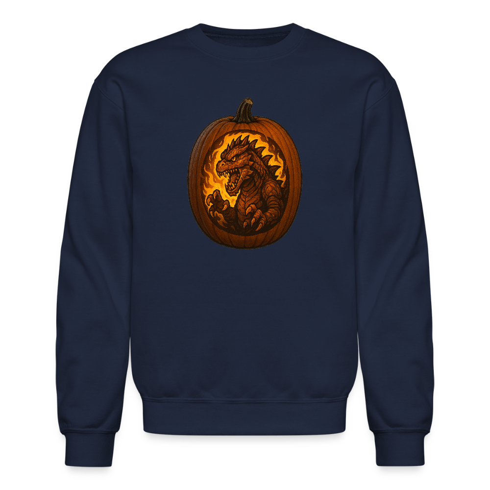 Roaring Kaiju Pumpkin Flame Artwork Crewneck Sweatshirt - navy