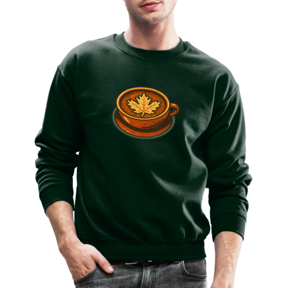 Autumn Coffee Cup with Maple Leaf Art Crewneck Sweatshirt - forest green