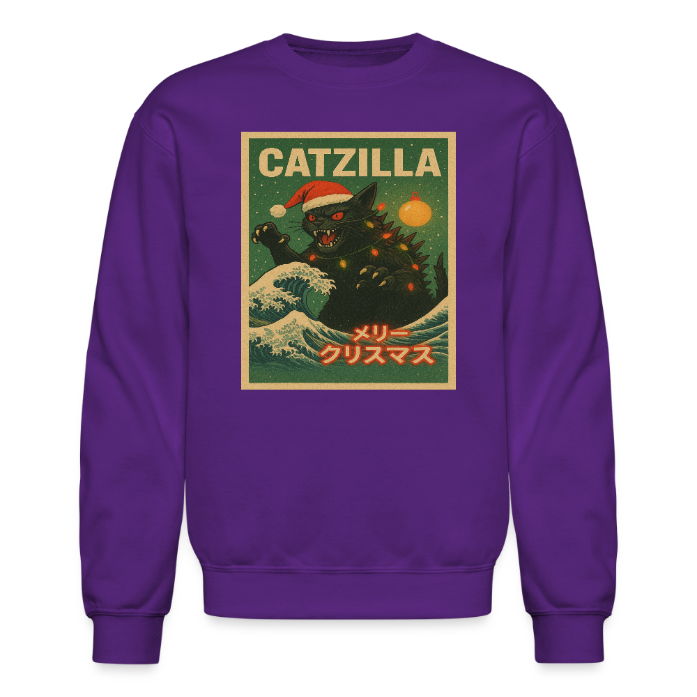 Funny Catzilla Christmas Retro Design Crewneck Sweatshirt - purple