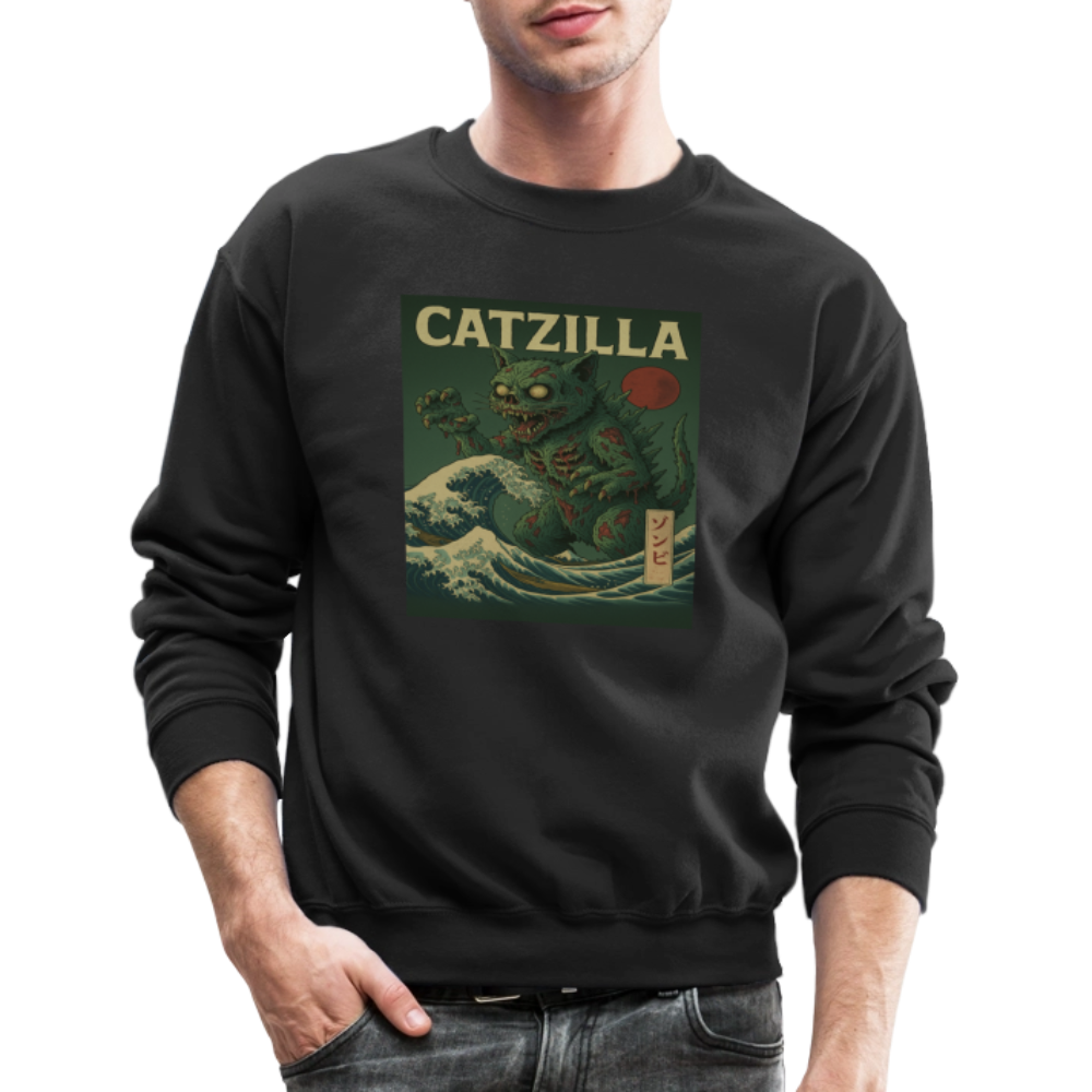 Zombie Catzilla Meme Horror Design Crewneck Sweatshirt - black