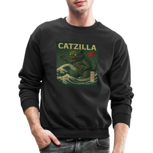 Zombie Catzilla Meme Horror Design Crewneck Sweatshirt - black