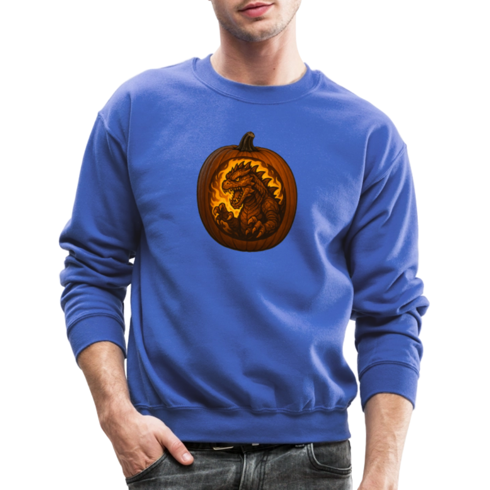 Roaring Kaiju Pumpkin Flame Artwork Crewneck Sweatshirt - royal blue