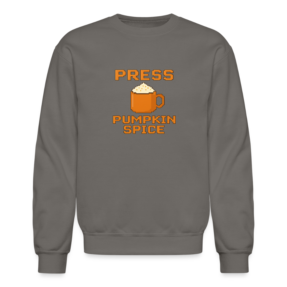 Press Pumpkin Spice Funny Gamer Meme Crewneck Sweatshirt - asphalt gray
