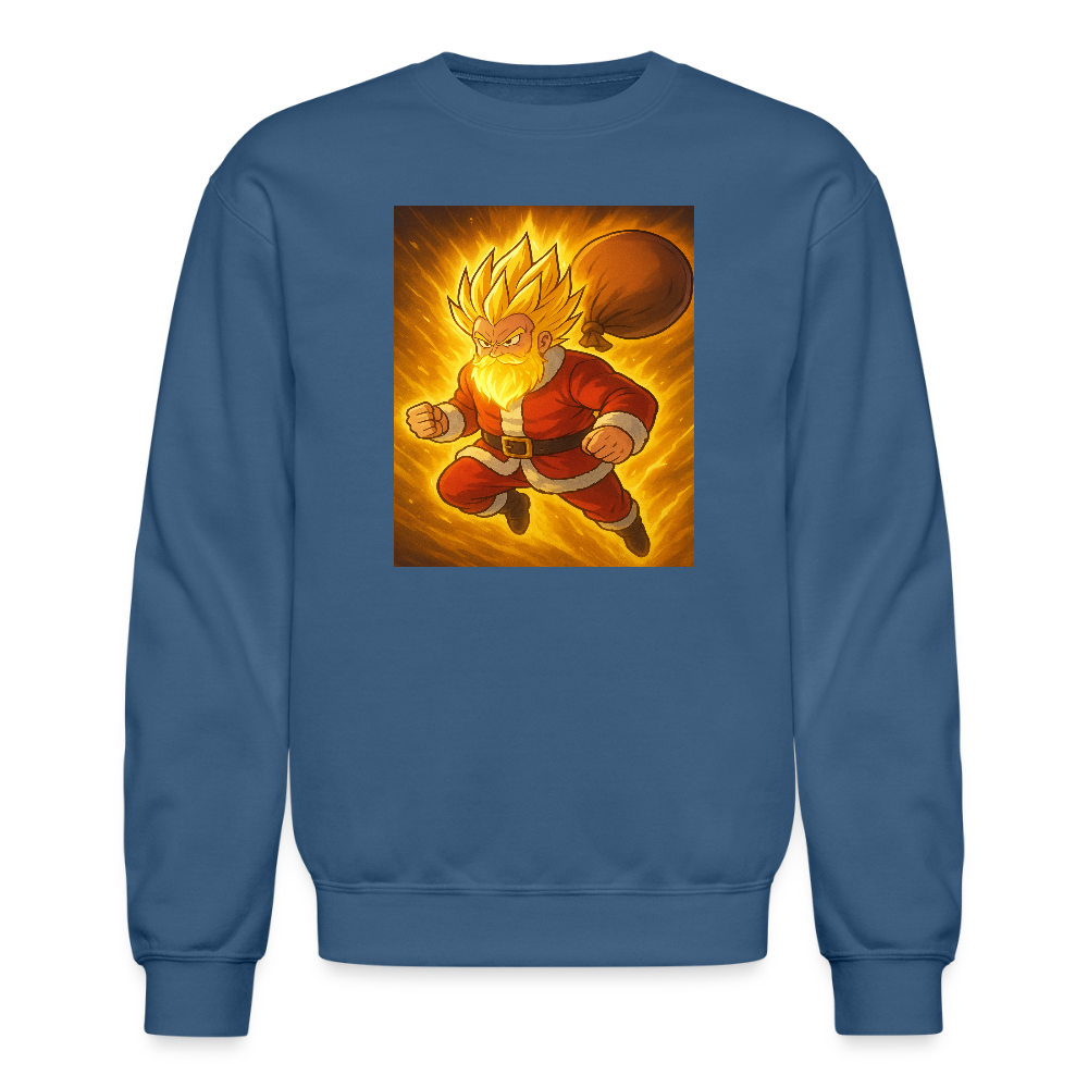 Super Powered Santa Anime Meme Crewneck Sweatshirt - indigo blue