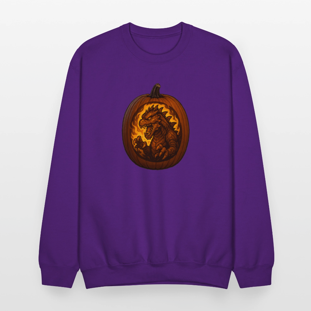 Roaring Kaiju Pumpkin Flame Artwork Crewneck Sweatshirt - purple