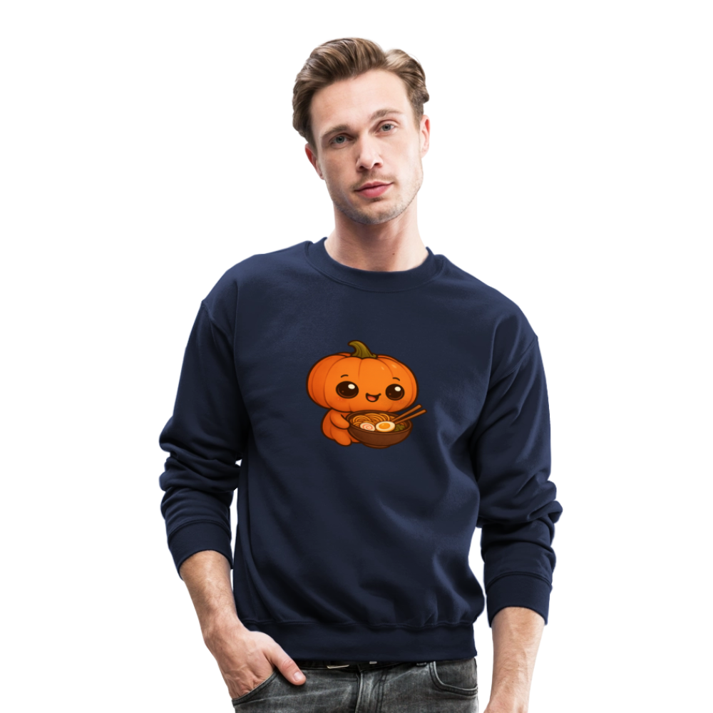 Chibi Pumpkin with Ramen Bowl Kawaii Art Crewneck Sweatshirt - navy