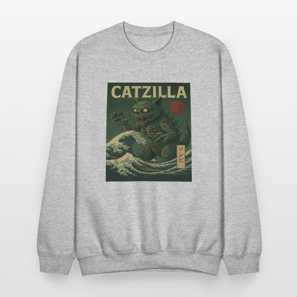 Zombie Catzilla Meme Horror Design Crewneck Sweatshirt - heather gray