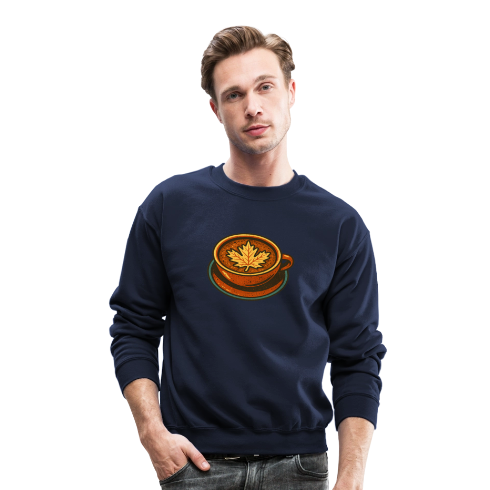 Autumn Coffee Cup with Maple Leaf Art Crewneck Sweatshirt - navy