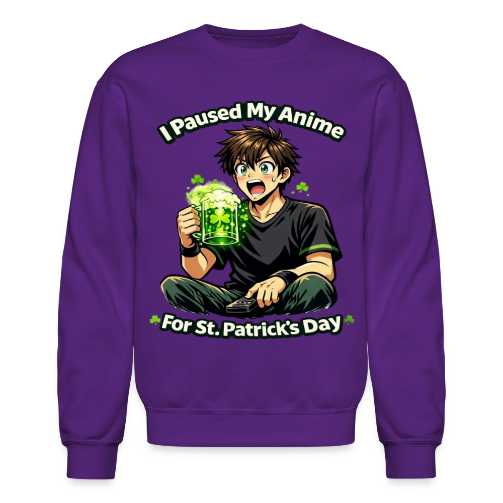I Paused My Anime for St Patrick’s Day Meme Crewneck Sweatshirt – Funny Anime Humor Shamrock Green Otaku Holiday Sweatshirt - purple