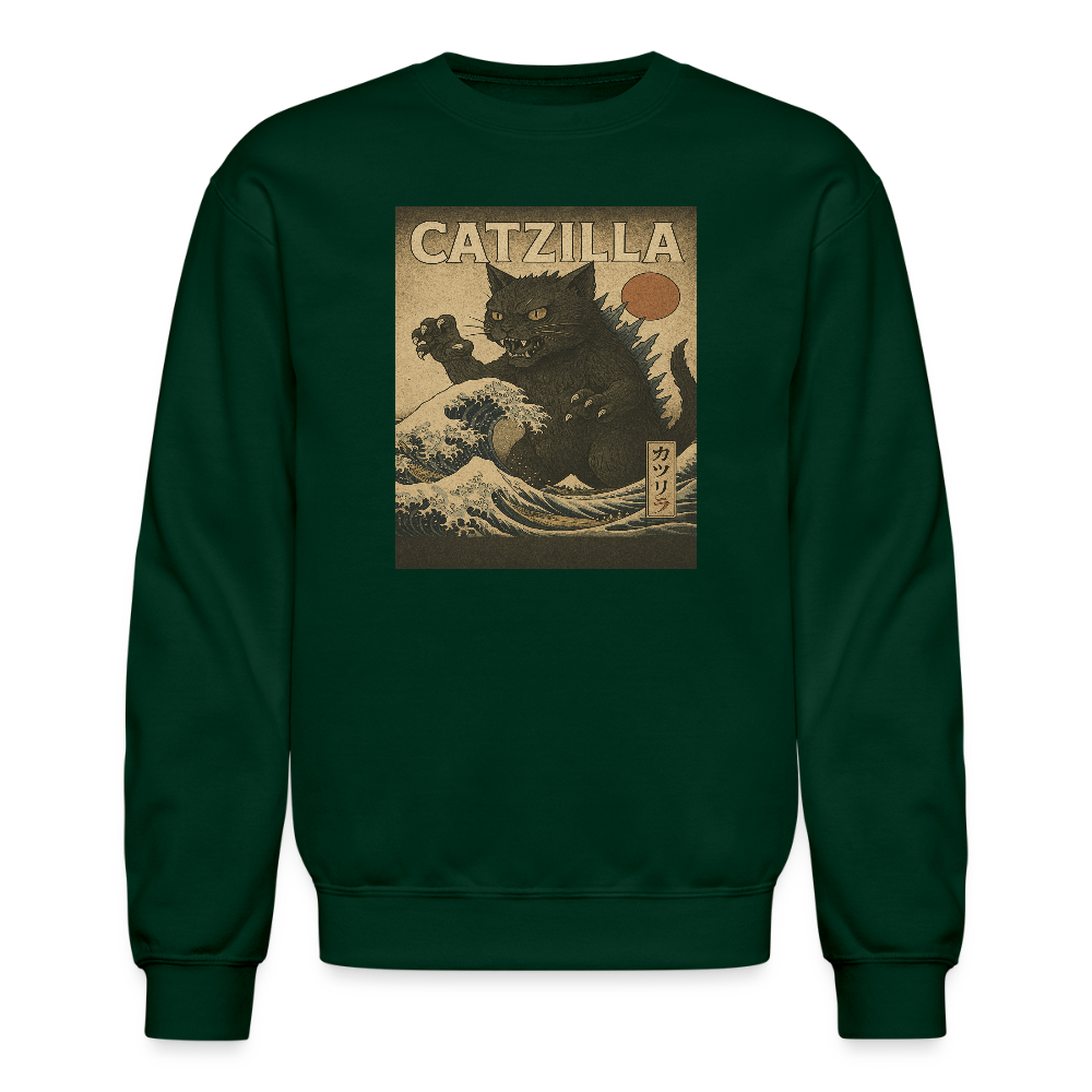 Ukiyo-e Catzilla Retro Japanese Monster Cat Crewneck Sweatshirt - forest green