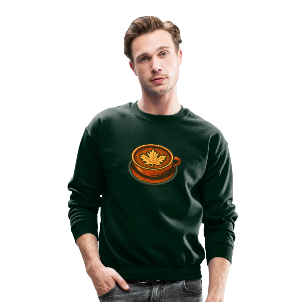 Autumn Coffee Cup with Maple Leaf Art Crewneck Sweatshirt - forest green