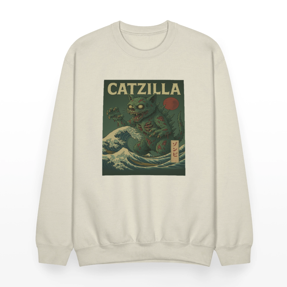 Zombie Catzilla Meme Horror Design Crewneck Sweatshirt - Sand