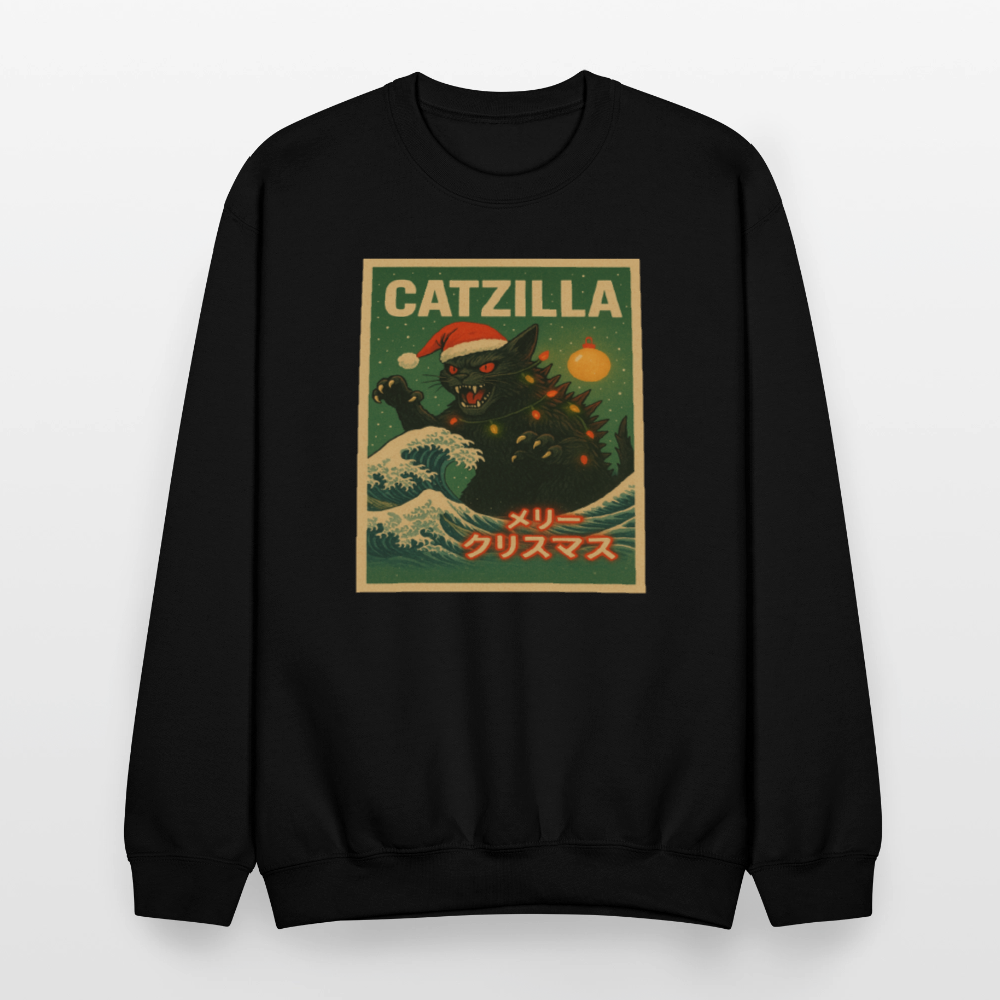 Funny Catzilla Christmas Retro Design Crewneck Sweatshirt - black