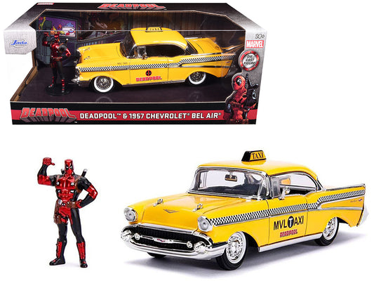 1957 Chevrolet Bel Air Taxi Yellow with Deadpool Diecast Figurine "Marvel" Series 1/24 Diecast Model Car by Jada