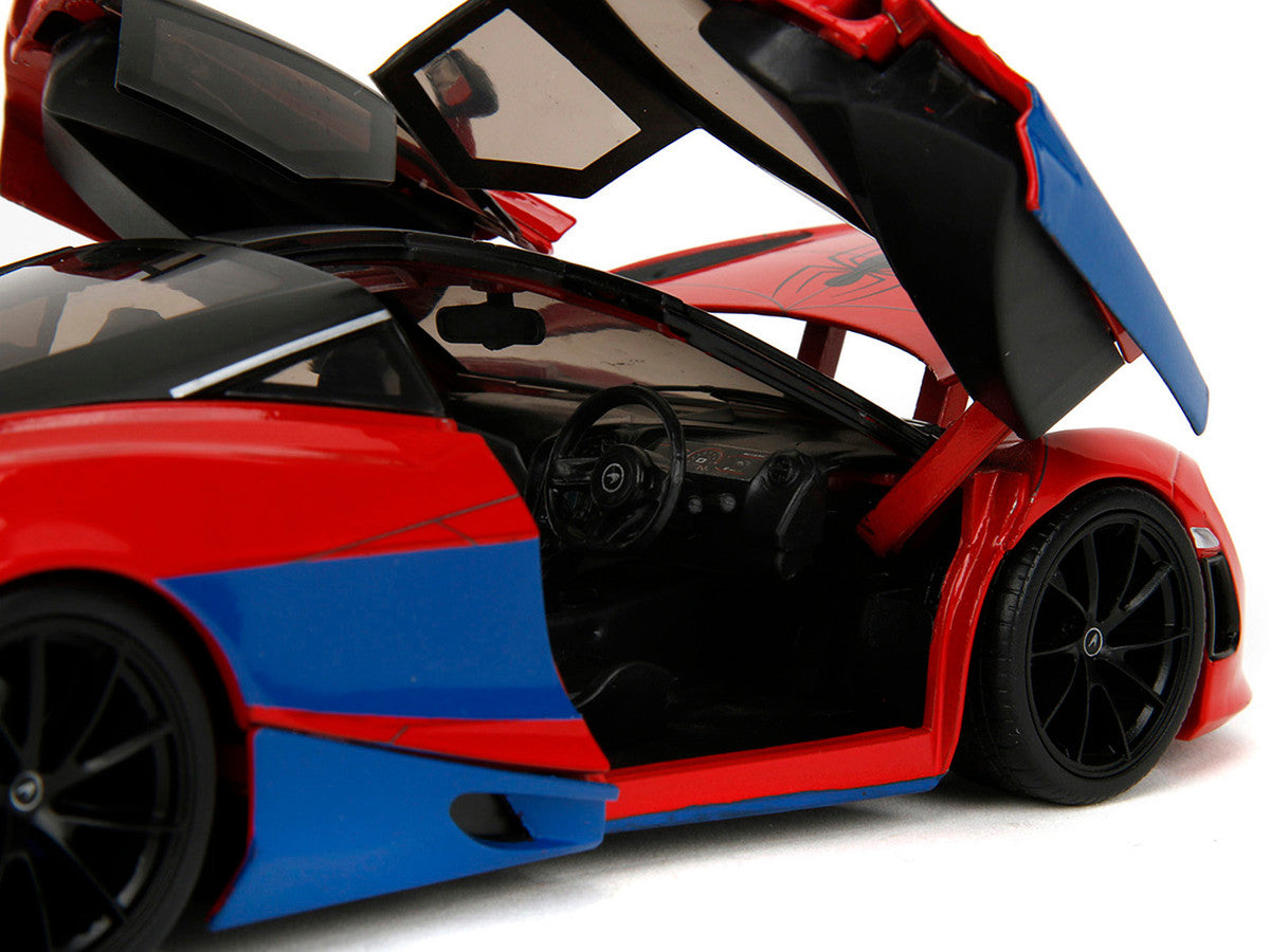 McLaren 720S Red and Blue with Black Top and Graphics and Spider-Man Diecast Figure "Marvel Spider-Man" "Hollywood Rides" Series 1/24 Diecast Model Car by Jada