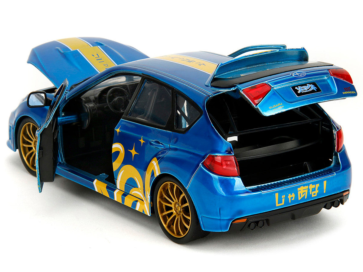 2012 Subaru Impreza WRX STI Blue Metallic with Graphics and Sonic The Hedgehog Diecast Figure "Sonic The Hedgehog" "Hollywood Rides" Series 1/24 Diecast Model Car by Jada