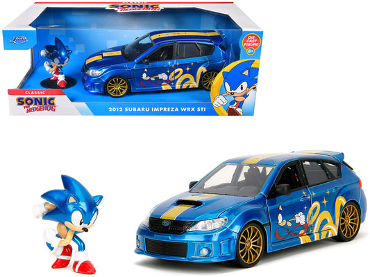 2012 Subaru Impreza WRX STI Blue Metallic with Graphics and Sonic The Hedgehog Diecast Figure "Sonic The Hedgehog" "Hollywood Rides" Series 1/24 Diecast Model Car by Jada