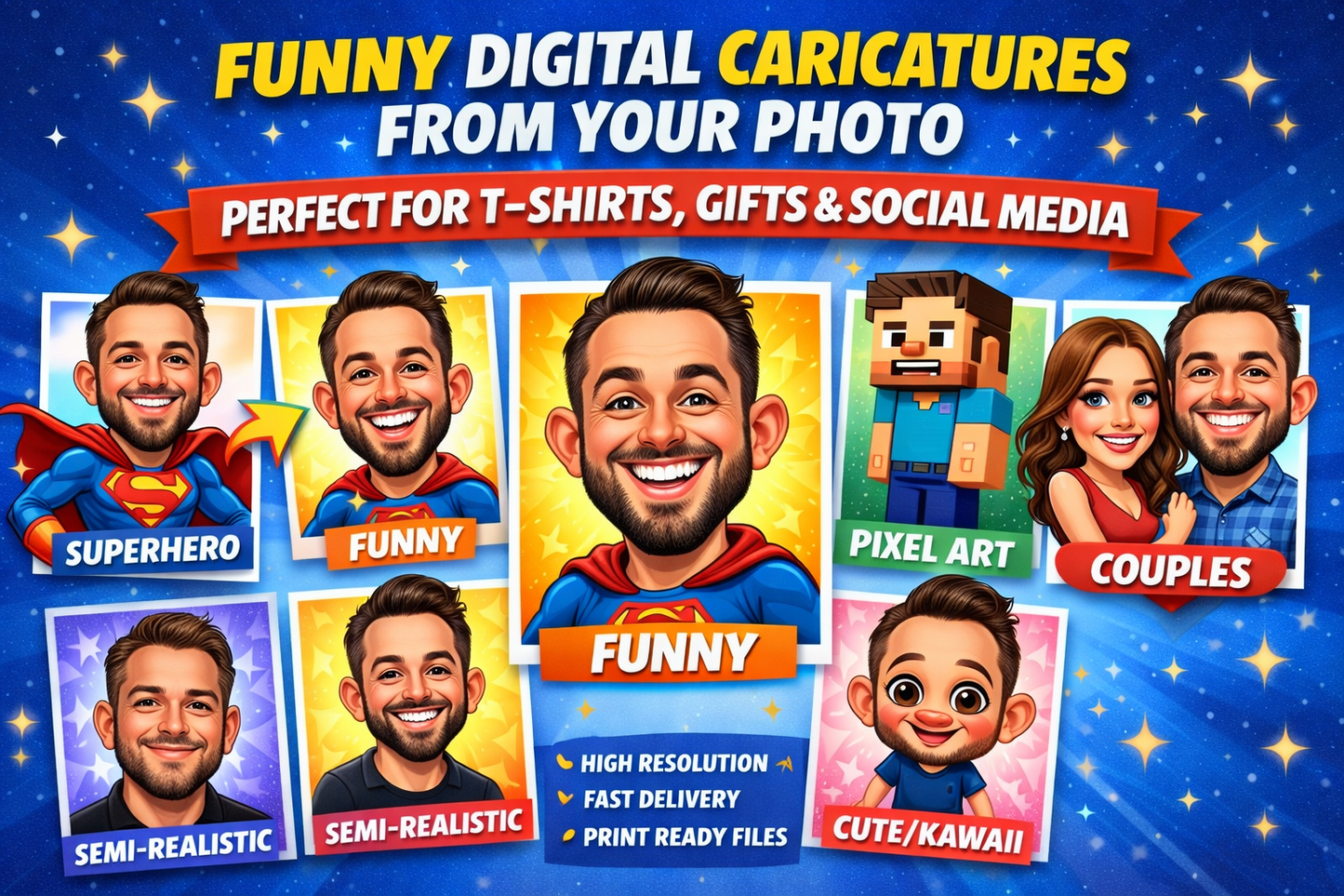 We will create a funny digital caricature from your photo