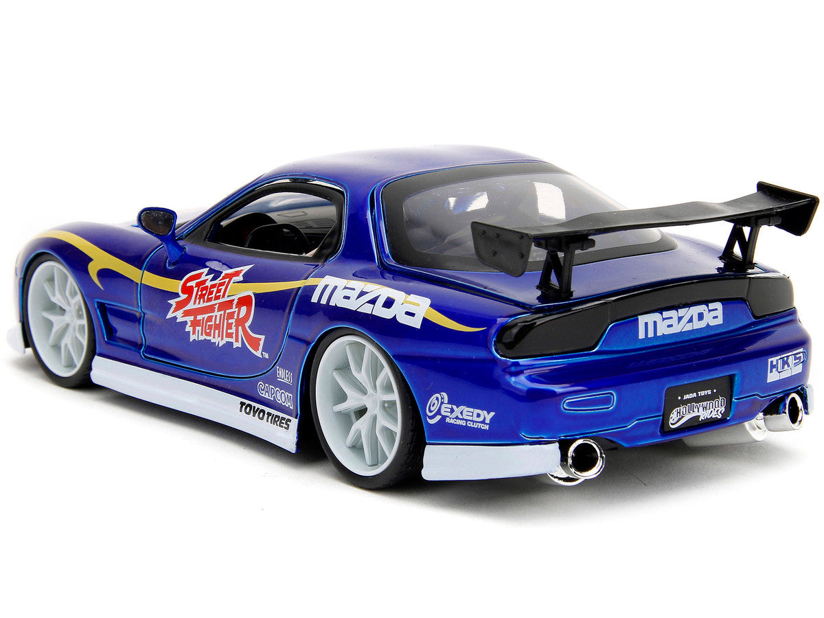 1993 Mazda RX-7 Candy Blue Metallic with Graphics and Chun-Li Diecast Figure "Street Fighter" Video Game "Anime Hollywood Rides" Series 1/24 Diecast Model Car by Jada