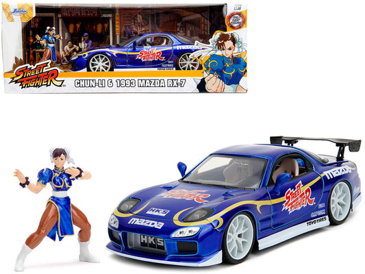 1993 Mazda RX-7 Candy Blue Metallic with Graphics and Chun-Li Diecast Figure "Street Fighter" Video Game "Anime Hollywood Rides" Series 1/24 Diecast Model Car by Jada