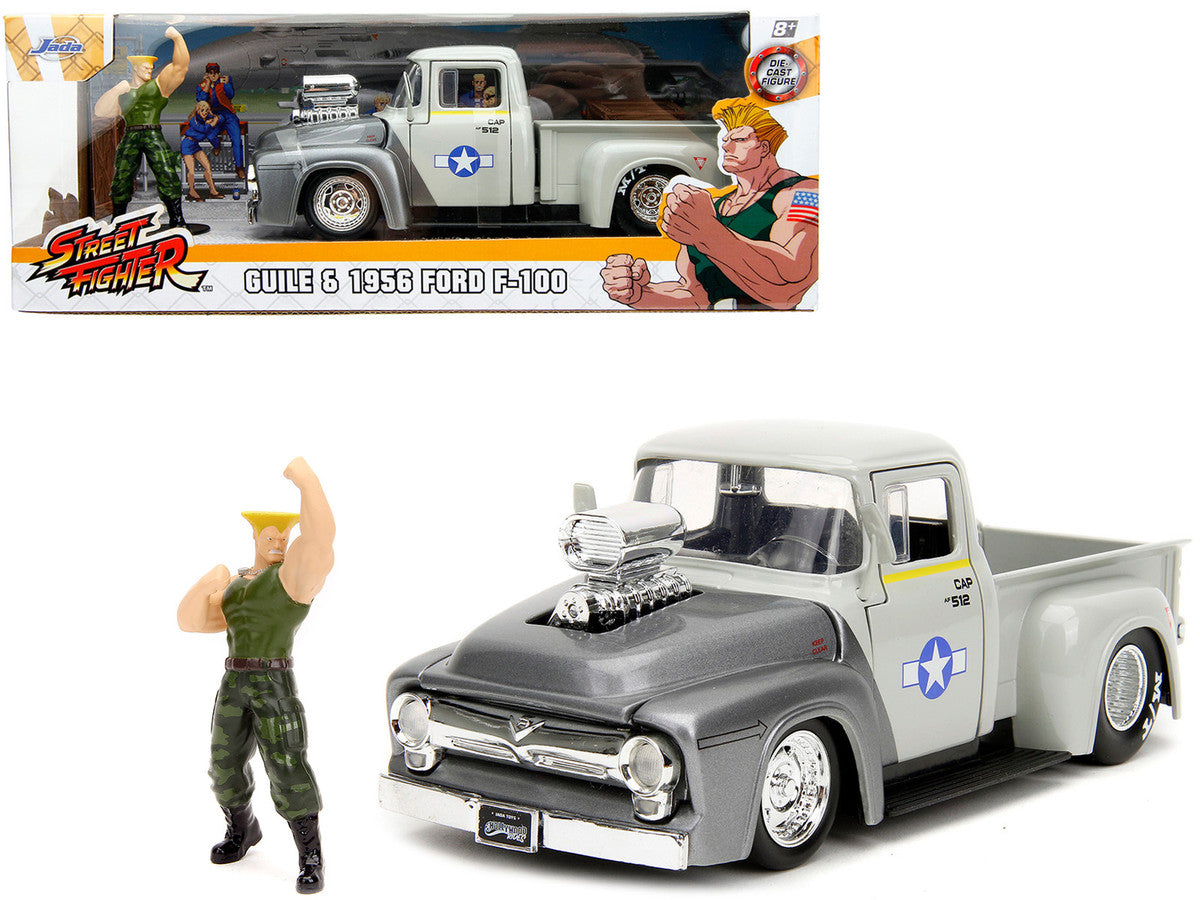 1956 Ford F-100 Pickup Truck Tan and Gray Metallic and Guile Diecast Figure "Street Fighter" Video Game "Anime Hollywood Rides" Series 1/24 Diecast Model Car by Jada