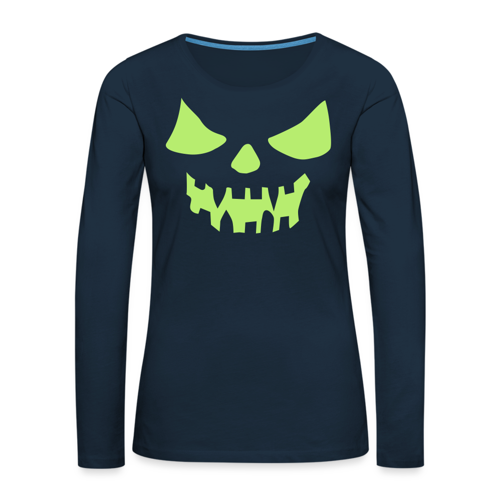 GLOW IN THE DARK STYLED SCARY FACE Women's Premium Long Sleeve T-Shirt - deep navy
