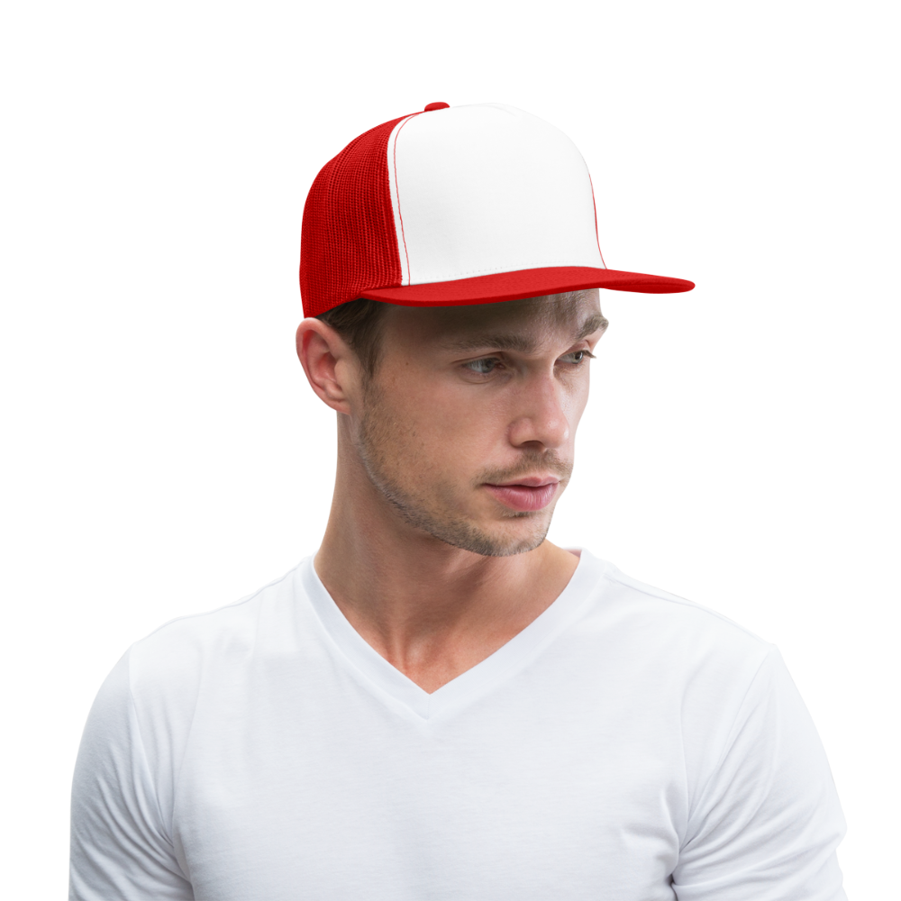 Customizable Trucker Cap ADD YOUR OWN PHOTO, IMAGES, DESIGNS, QUOTES AND MORE - white/red