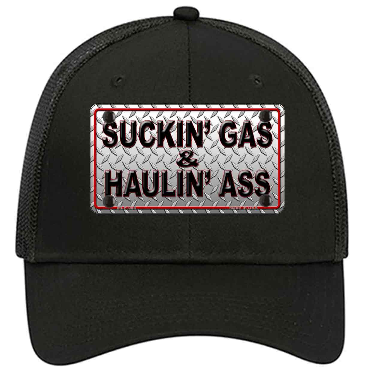 Suckin Gas and Haulin Ass Novelty Black Mesh License Plate Hat