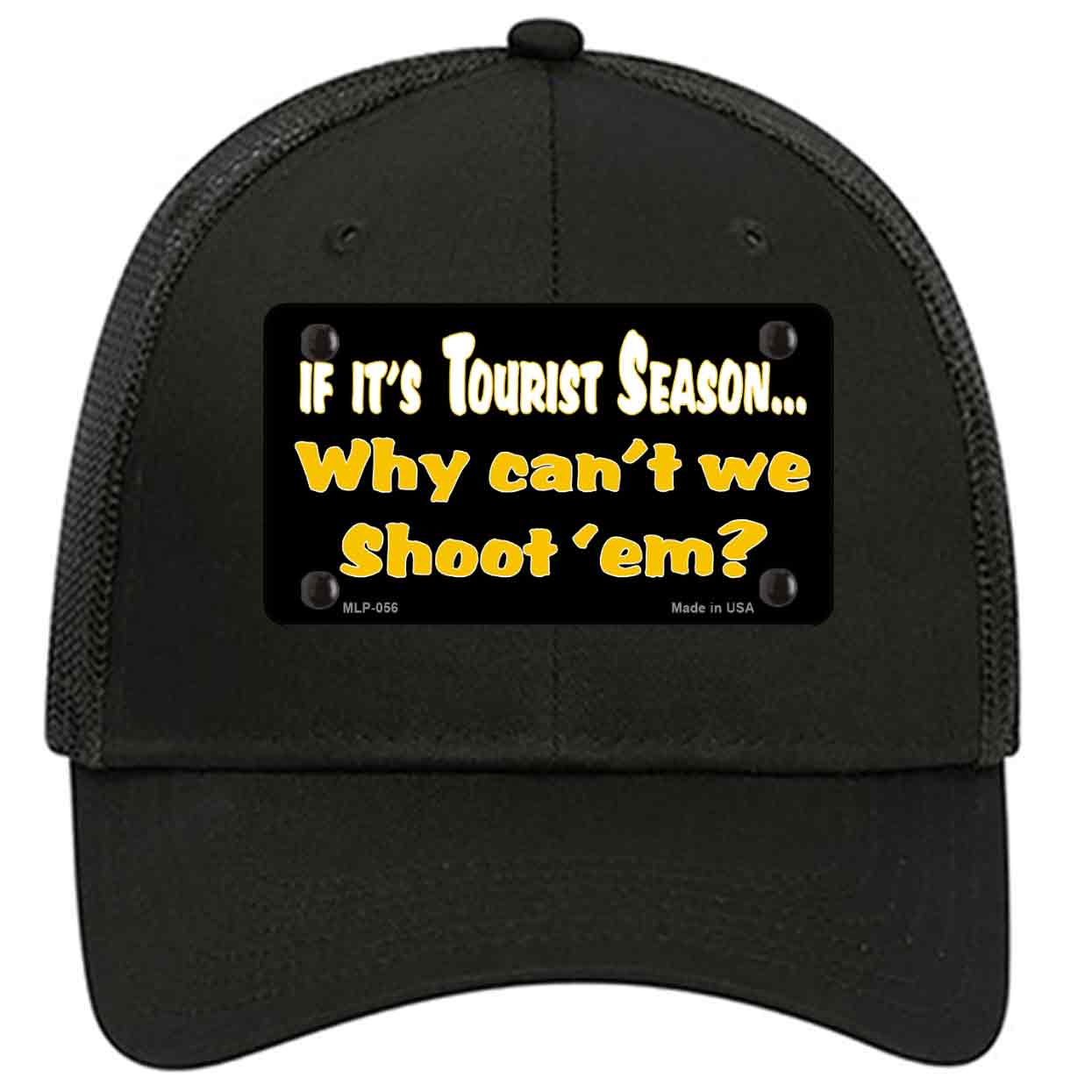 Why Cant We Shoot Em Novelty Black Mesh License Plate Hat