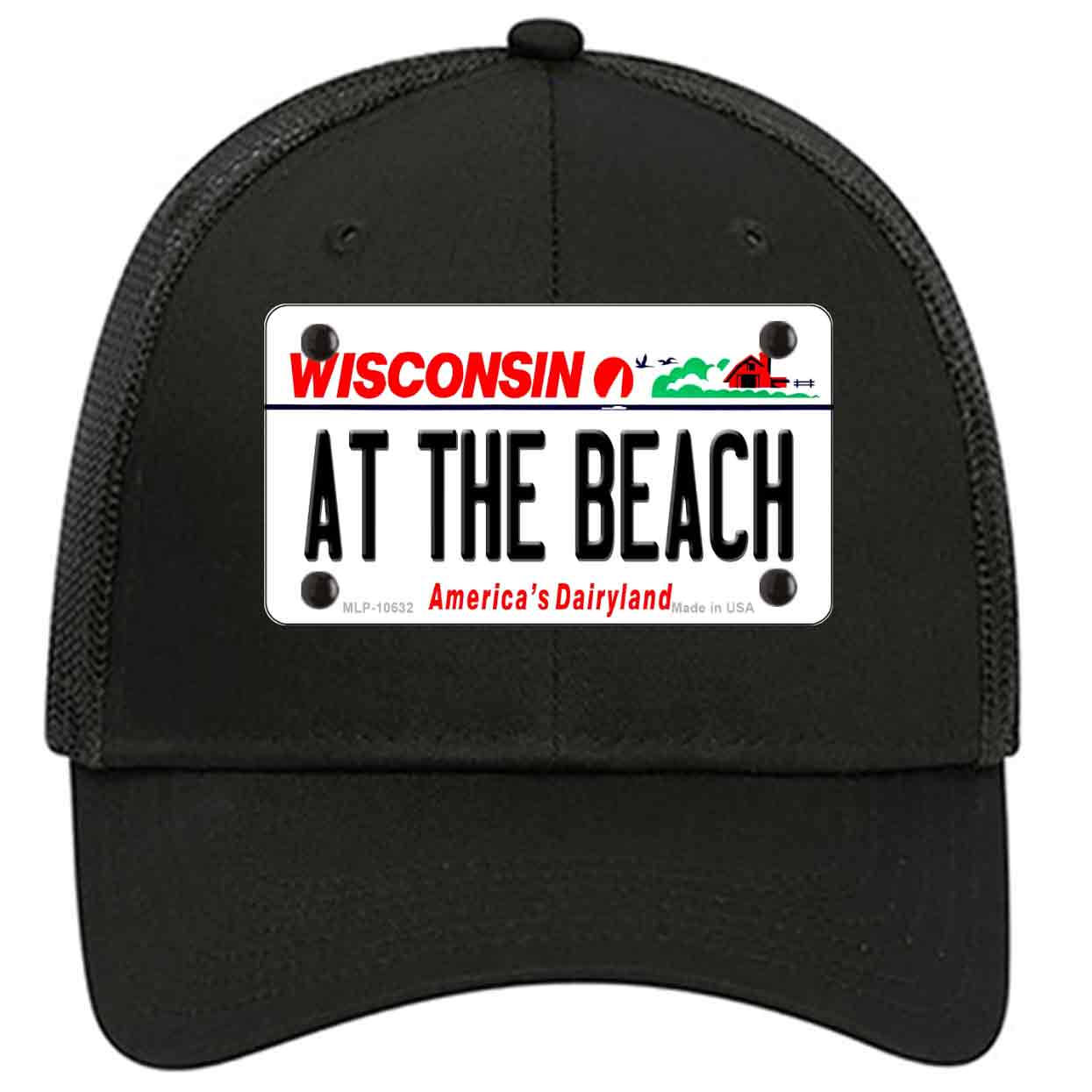 At The Beach Wisconsin Novelty Black Mesh License Plate Hat