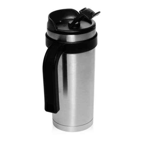 stainless steel coffee mug with spill