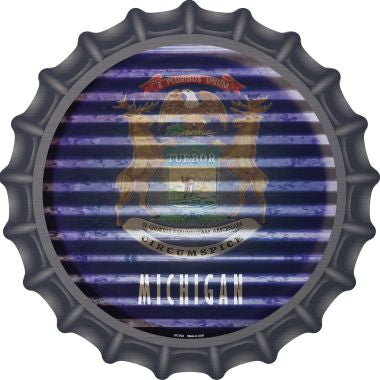 Michigan Flag Corrugated Effect Novelty Metal Bottle Cap 12 Inch Sign