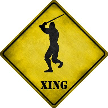 Ninja Standing With Sword Overhead Xing Novelty Metal Crossing Sign CX-259