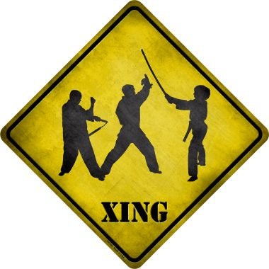Three Martial Artists Practicing With Weapons Xing Novelty Metal Crossing Sign CX-260