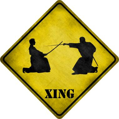 Two Martial Artists Sword Fighting Xing Novelty Metal Crossing Sign CX-261