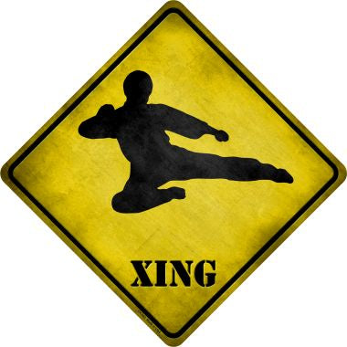 Kung Fu Martial Artist Jump Kicking Xing Novelty Metal Crossing Sign