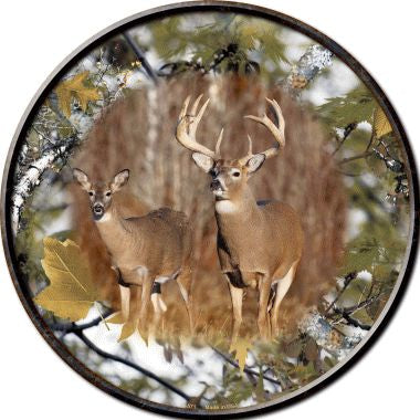 Deer On Camo Novelty Metal Circular Sign