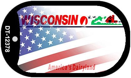 Wisconsin with American Flag Novelty Metal Dog Tag Necklace DT-12378