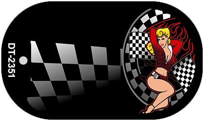 Pinup Girl Checkered Flags Novelty Metal Dog Tag Necklace DT-2351