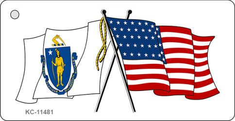 Massachusetts Crossed US Flag Novelty Metal Key Chain KC-11481