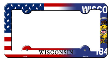 Wisconsin|American Flag Novelty Metal License Plate Frame LPF-488