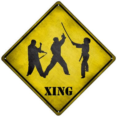 Three Martial Artists Practicing Xing Novelty Mini Metal Crossing Sign MCX-260