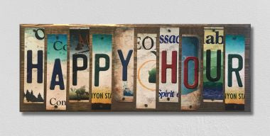 Happy Hour License Plate Tag Strip Novelty Wood Sign WS-025