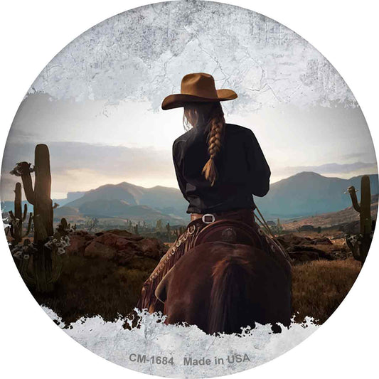 Cowgirl Facing Skyline Novelty Circle Coaster Set of 4