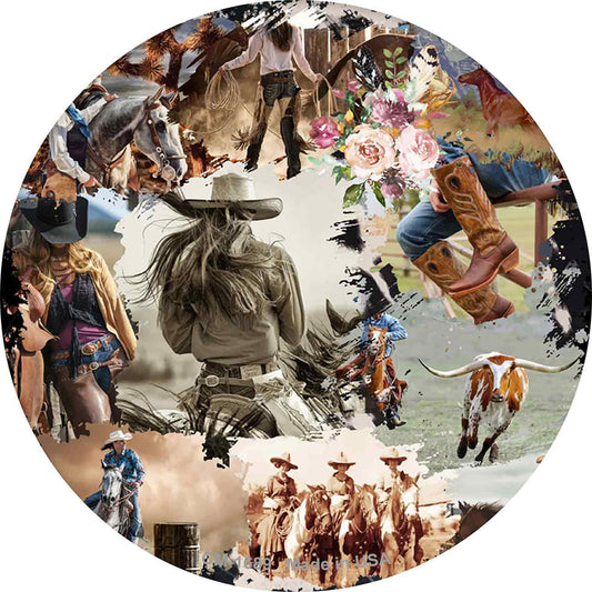Cowgirl Riding Collage Novelty Circle Coaster Set of 4