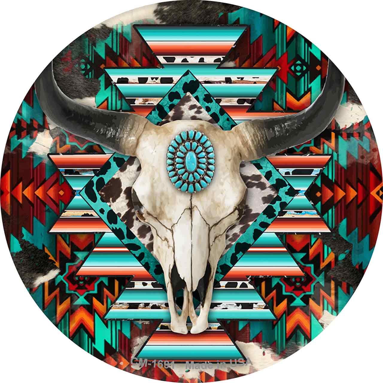 Cow Skull Aztec Vibrant Print Novelty Circle Coaster Set of 4