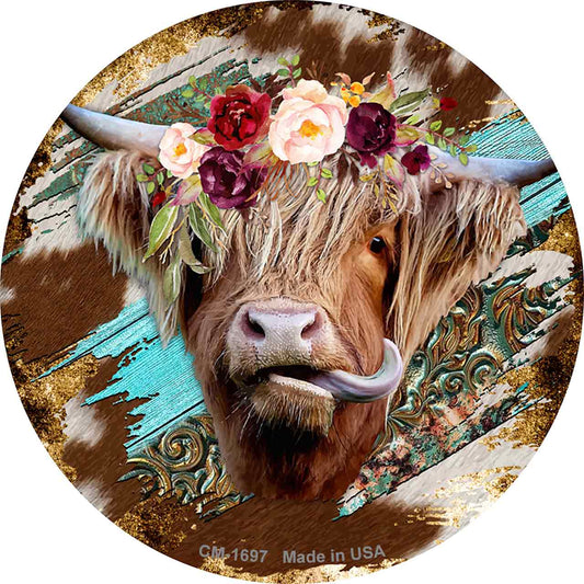 Highland Cattle On Mixed Print Novelty Circle Coaster Set of 4