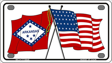 Arkansas Crossed US Flag Novelty Mini Metal License Plate Tag